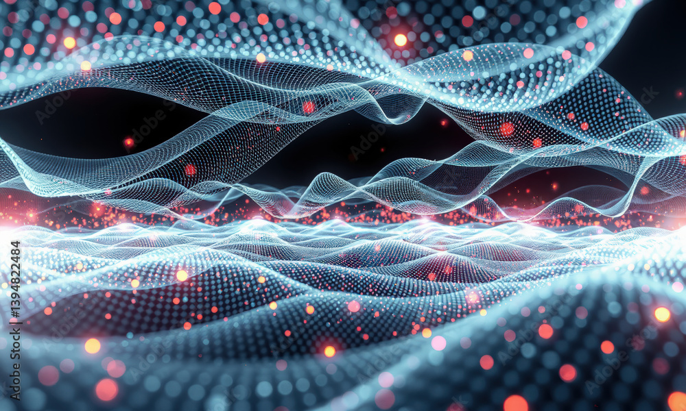 Poster mesmerizing abstract representation of flowing waves created with digital particles, showcasing blen