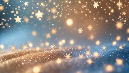 Festive abstract glitter backdrop with flickering stars and snowflakes falling. Blurred bokeh illumination.