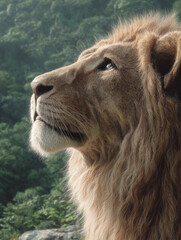a lion looking upwards, its mane and face illuminated by soft sunlight against a forest backdrop.