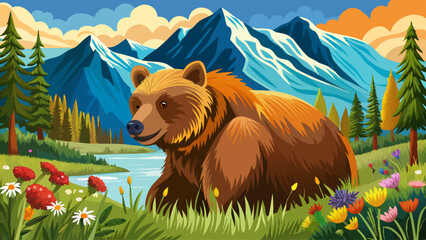 Brown bear eating meadow grass with wild flowers in Alaska