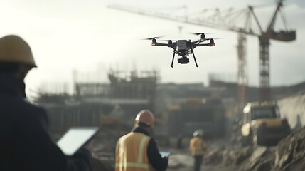 Construction site with workers monitoring drone flight over building site, cranes in background, and heavy machinery present