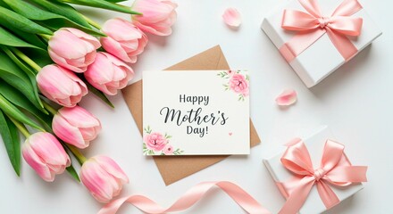 A heartwarming Mother's Day scene featuring pink tulips, gifts, a card, and a ribbon, all conveying love and appreciation to mothers.