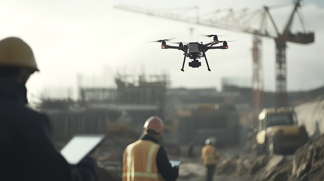 Construction site with workers monitoring drone flight over building site, cranes in background, and heavy machinery present