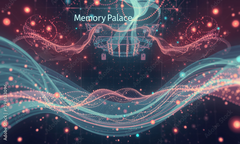 Poster vibrant digital representation of memory palace concept, featuring flowing waves of light and intric