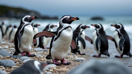 Obraz premium Penguins of the Magellanic species at the beach