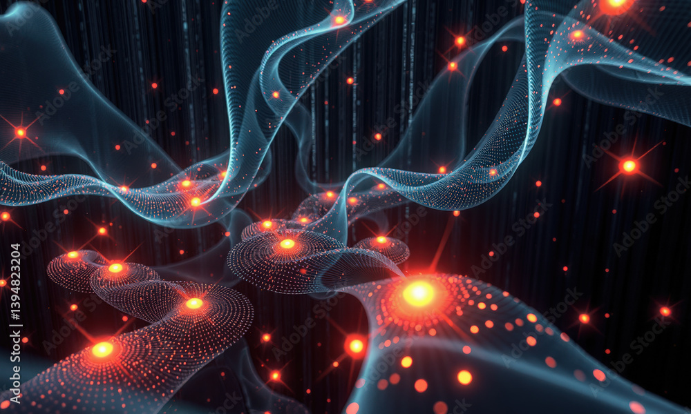 Poster mesmerizing abstract representation of flowing waves and glowing particles, showcasing blend of blue