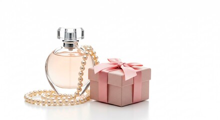 Elegant gift set featuring a rounded perfume bottle, a string of pearls, and a small, square gift box with a pink ribbon, all on a white surface.