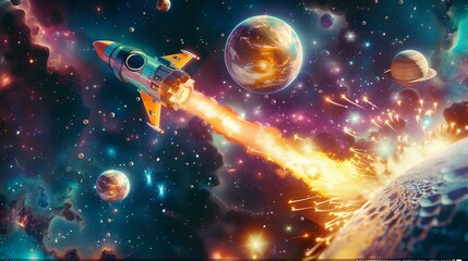 Spaceship soars to the stars in space illustration 