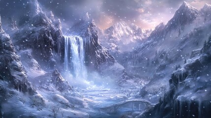 Stunning Winter Cascade Frozen in Time and Covered in Snow