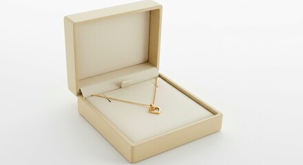 Elegant golden heart necklace displayed in an open neutral-colored jewelry box on a clean white surface. Ideal gift idea or romantic gesture.