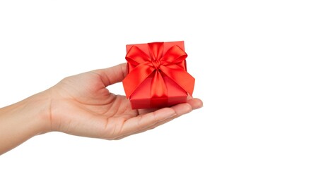 A hand presents a red gift box tied with a satin ribbon bow, set against a clean white backdrop, evoking celebration and generosity.