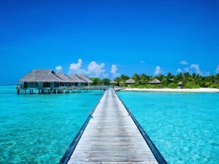 Fototapeta premium Tropical Paradise: Wooden Bridge Leading to Luxury Beach Houses
