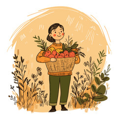 Vector illustration of a girl holding a basket full of fruits and vegetables in a garden