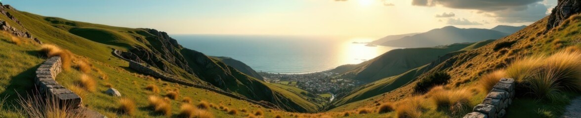 Sun-drenched valleys, stone walls, distant ocean, rural, field, hills