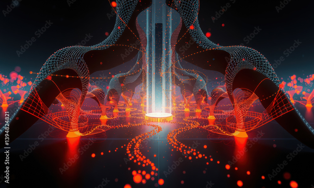 Poster mesmerizing digital landscape featuring intricate wireframe structures and vibrant red particles, cr