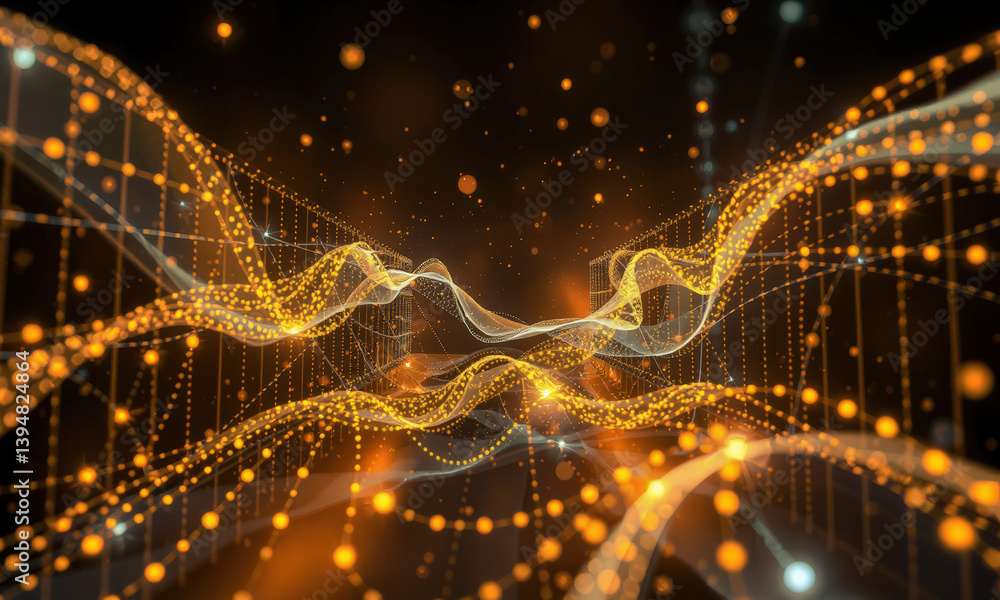 Poster mesmerizing abstract representation of flowing waves and glowing particles in warm orange tones, cre