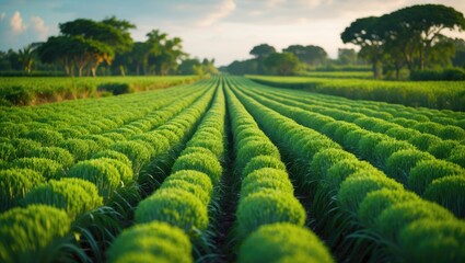 Fototapeta premium Ginger farm. Lengthy rows. Ginger yield. Growing Ginger.