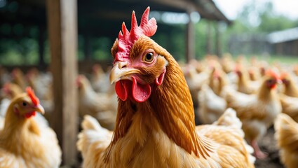 A close examination of healthy Chicken, illustrating the notion of responsible farming or agriculture. An eco-conscious or organic farm. Free-roaming hens, happy and healthy chickens in an outdoor