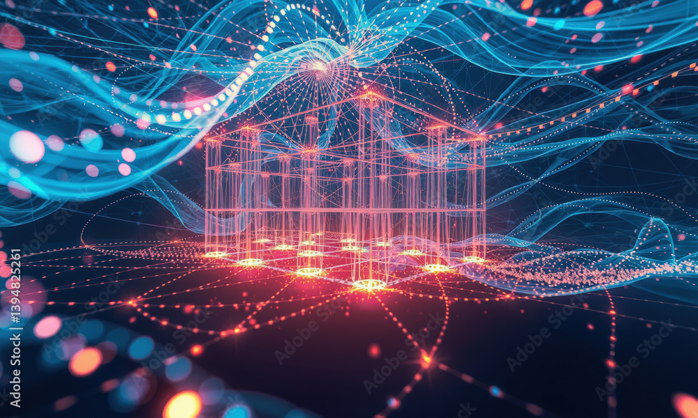 Poster vibrant digital representation of house structure surrounded by flowing lines and glowing dots, symb