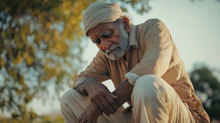 Elderly man sits dejectedly outdoors