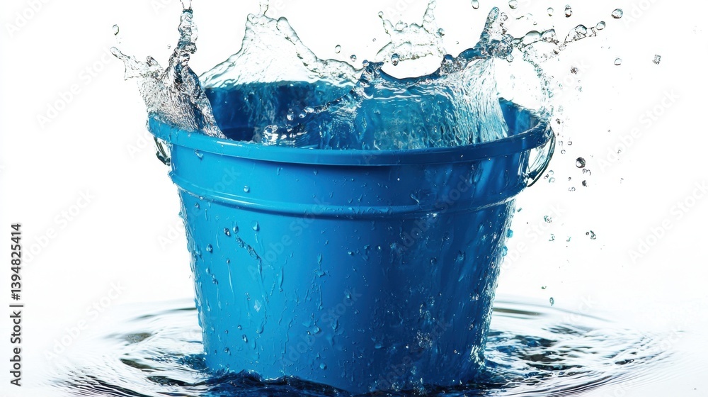 Poster dynamic splash of water overflowing from a vibrant blue bucket creating a refreshing and energetic v