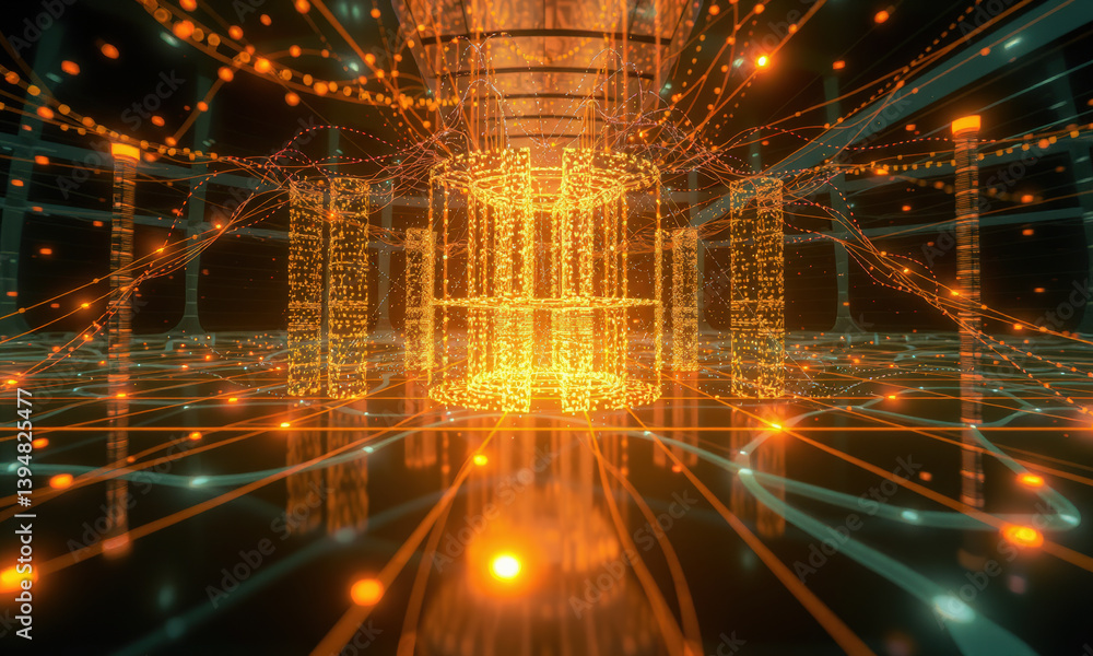 Poster mesmerizing digital landscape featuring glowing orange lights and intricate patterns, creating sense