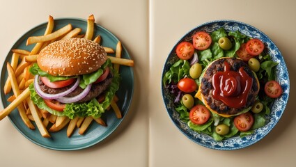 Low-fat salad compared to unhealthy greasy burger