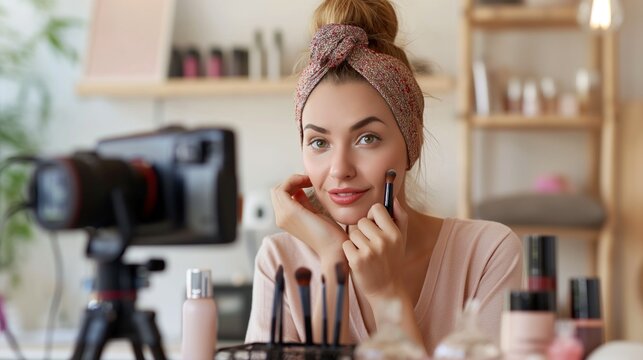 Beauty influencer filming makeup tutorial portrait image. Blush application. Self-care routine. Female content creator photography human scene. Cosmetics branding concept photo-realistic