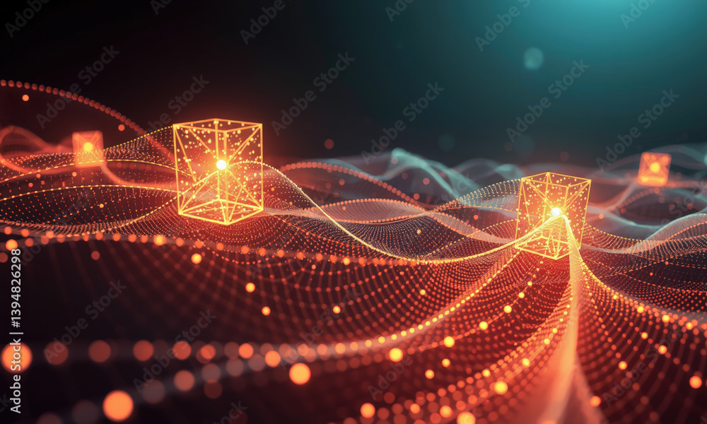 Poster digital abstract representation featuring glowing cubes and flowing waves, symbolizing technology an