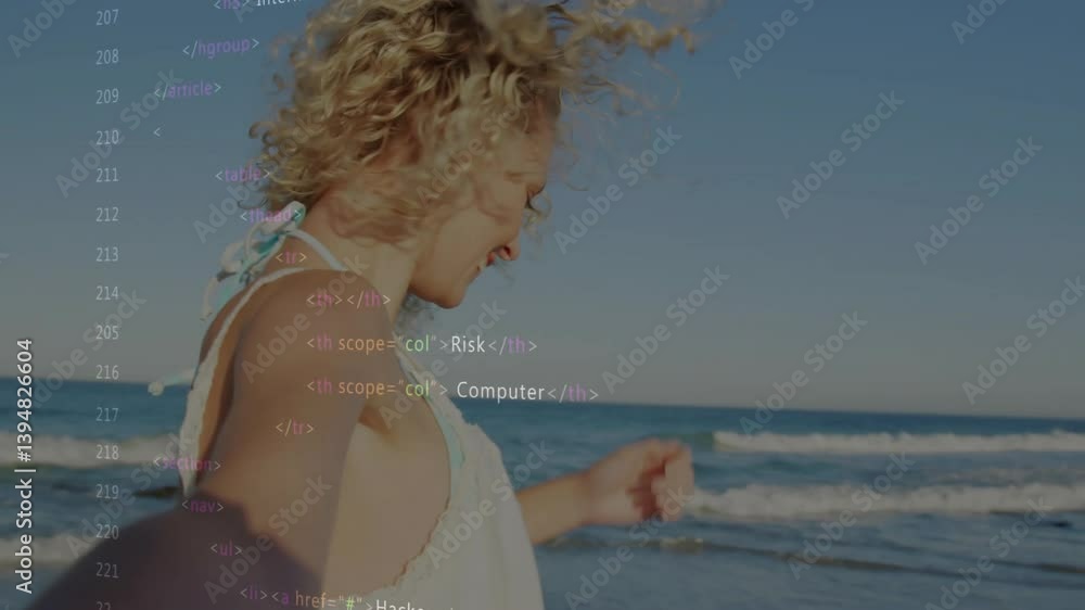 Poster curly-haired person on beach with html code overlaying animation scene