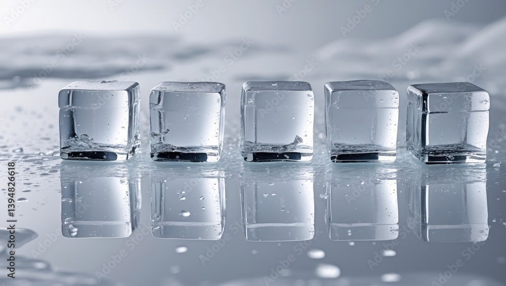Aufkleber cubes of ice on a glossy surface. mirror-like reflection.