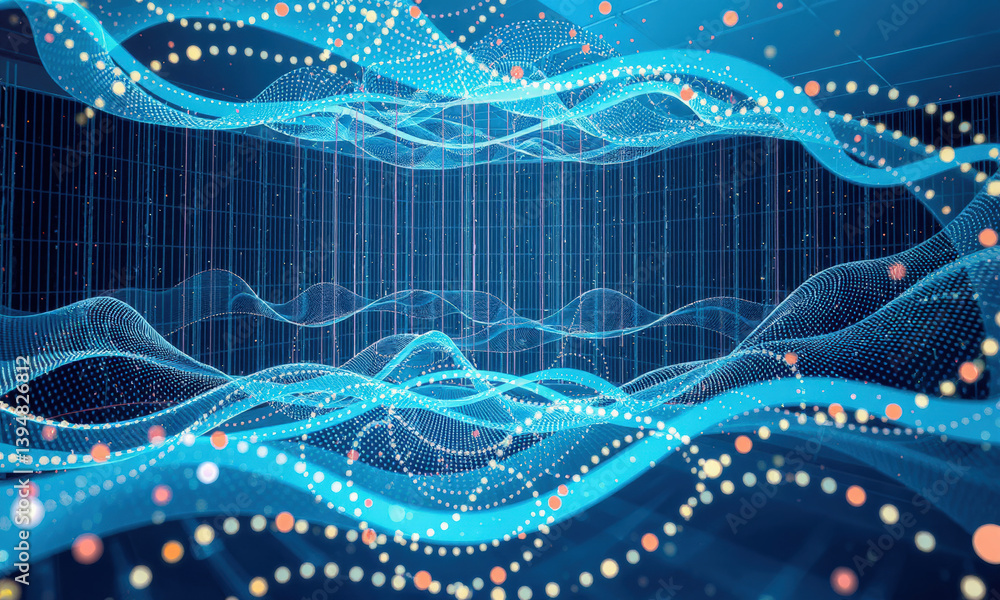 Poster vibrant digital landscape featuring flowing waves of blue and orange dots, representing data visuali