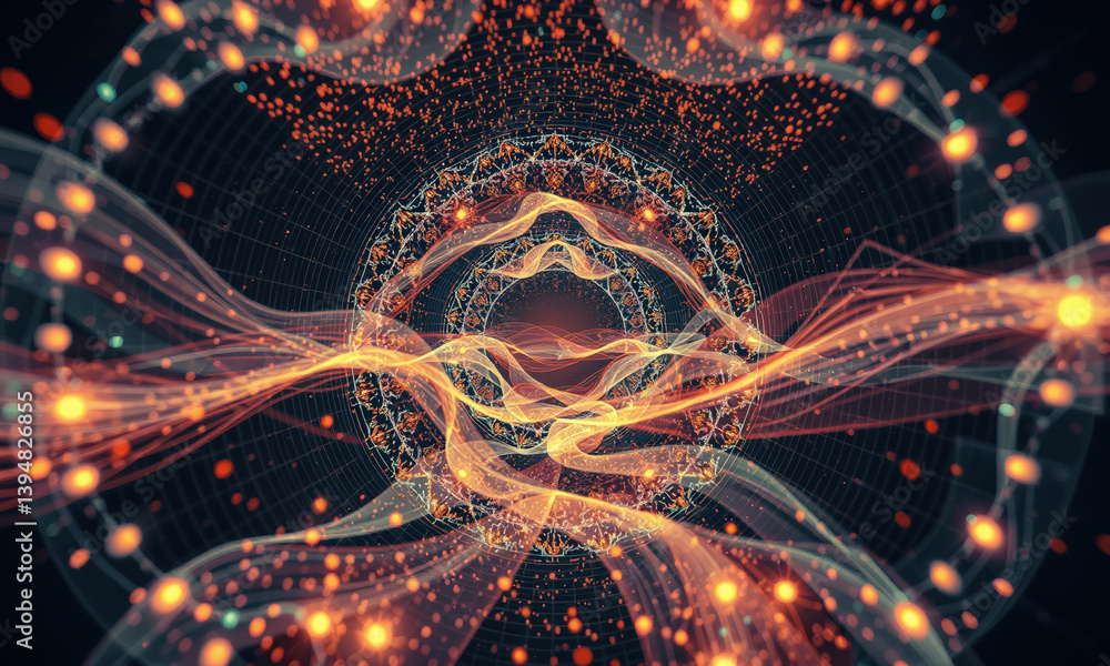 Poster abstract digital art featuring vibrant waves of light and intricate geometric patterns, creating mes