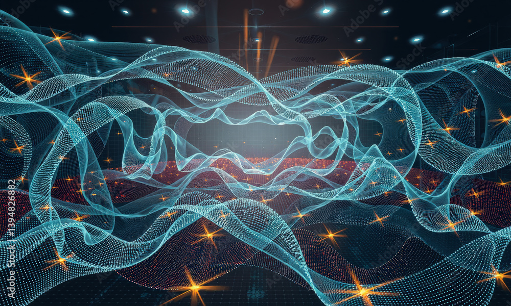 Poster mesmerizing digital landscape featuring flowing waves of light and particles, creating sense of dept
