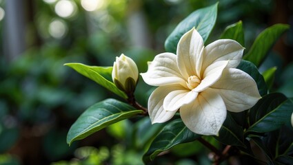 Obraz premium Gardenias are lovely evergreen houseplants cherished for their aromatic flowers.