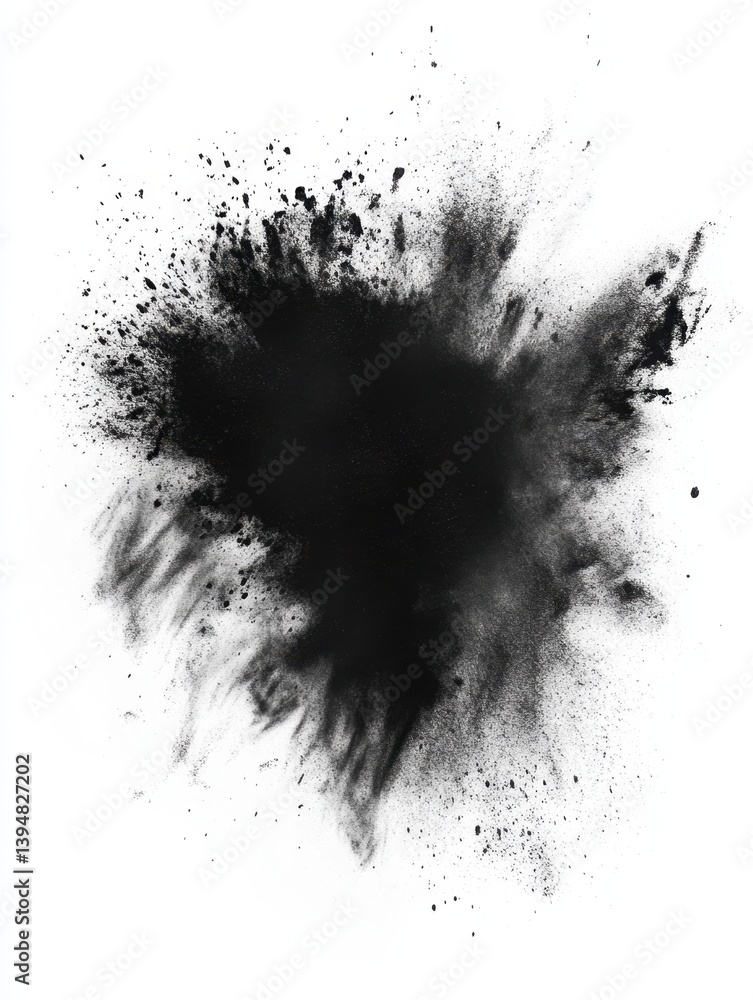 Poster dramatic black powder explosion against white backdrop creating dynamic abstract pattern for creativ