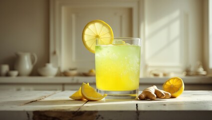 Fototapeta premium Refreshing lemonade or cocktail with ginger and lemon, immunotherapy beverage