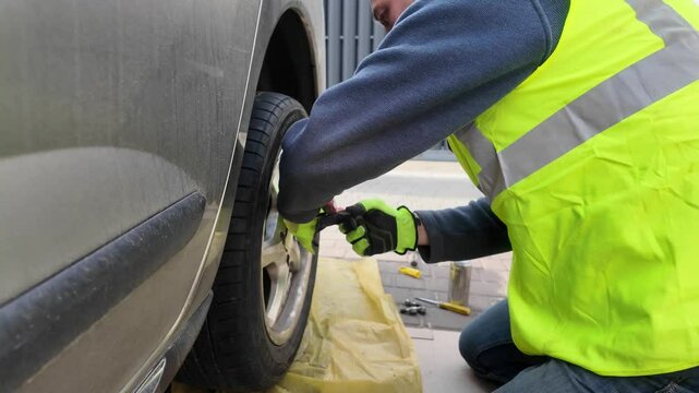 A guy changes tire on street to summer tire in nature