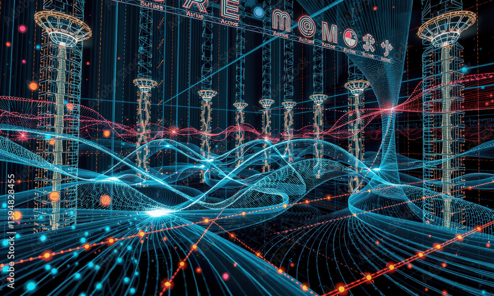 Poster futuristic digital landscape featuring glowing lines and waves, representing data flow and connectiv