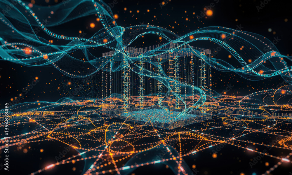 Poster vibrant digital landscape featuring flowing lines and glowing particles, representing data visualiza