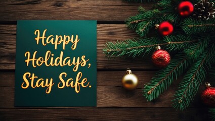 Spruce branches adorned with red and gold decor on a wooden table for Christmas. Holiday card wishing Happy holidays, stay safe.