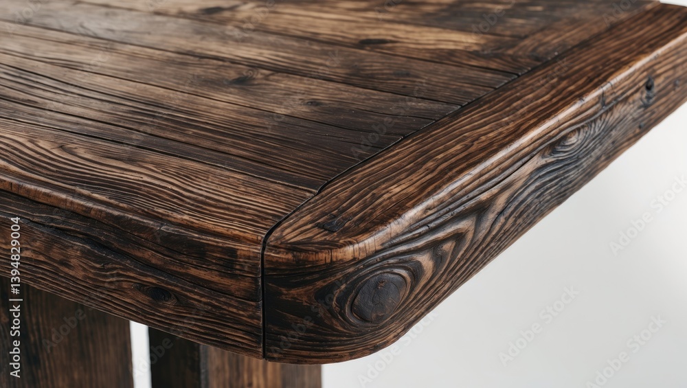 Poster view from above of a corner of a wooden table set against a white backdrop with clipping path includ