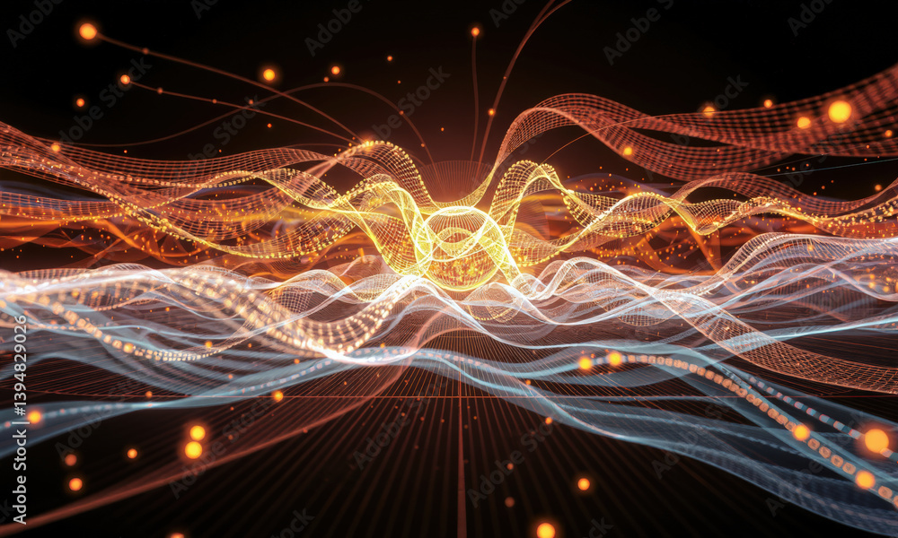 Poster vibrant abstract representation of flowing waves in orange and white, creating dynamic visual effect