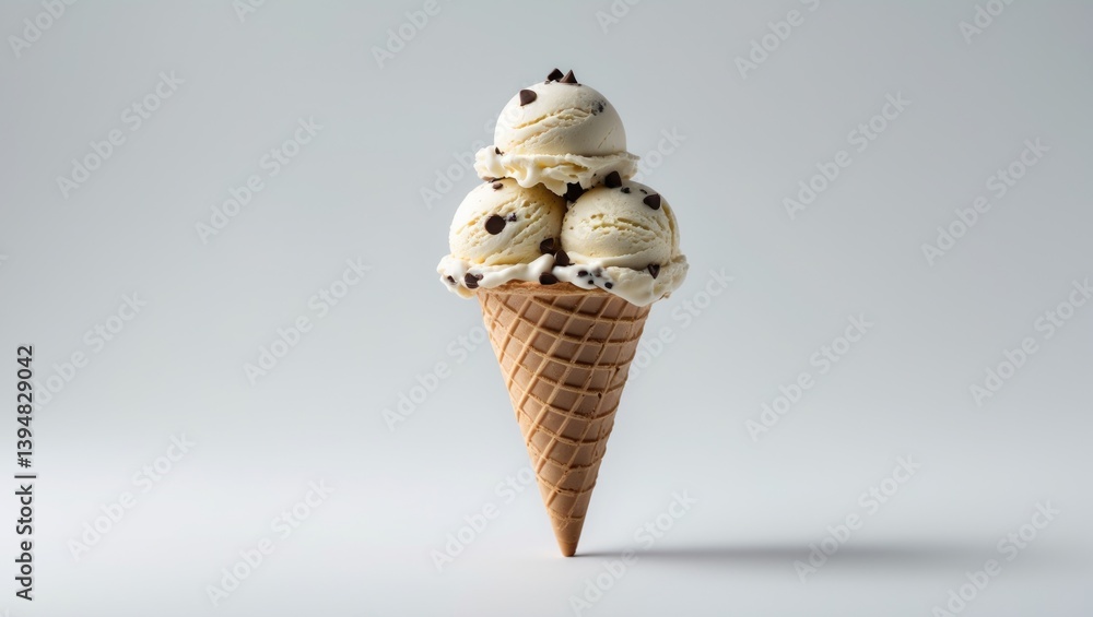 Poster single chocolate chip ice cream cone viewed from the front on a plain background