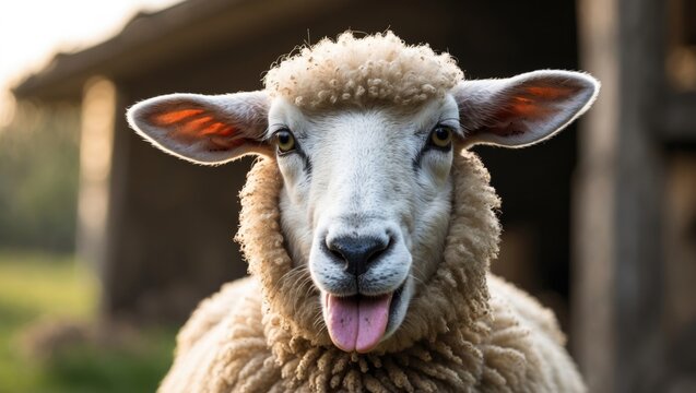 Humorous sheep. Sheep portrait with tongue out.
