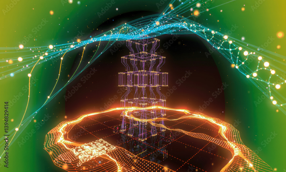 Poster vibrant digital landscape featuring futuristic tower surrounded by glowing lines and dots, represent