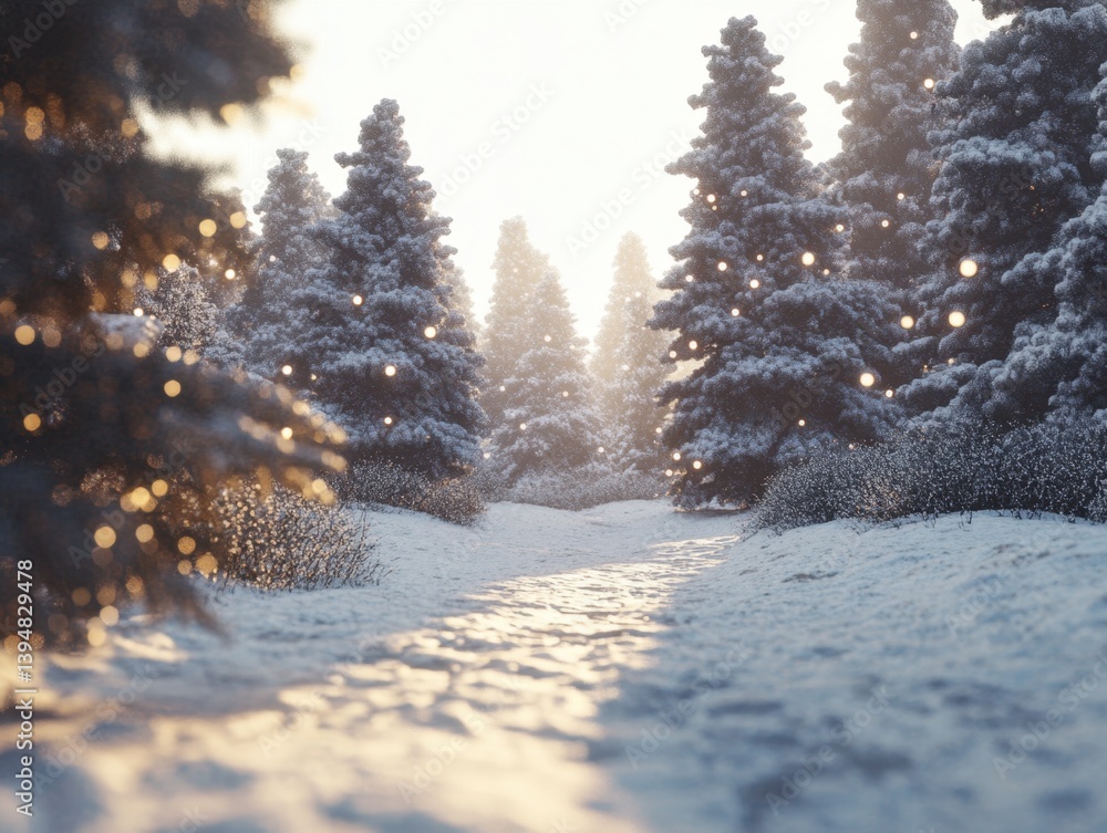Poster enchanting winter forest path with snow covered fir trees and sparkling lights in a serene landscape