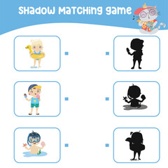 Matching shadow game for children. Find the correct shadow. Worksheet for kid. Printable activity page for kids. Learning Game.