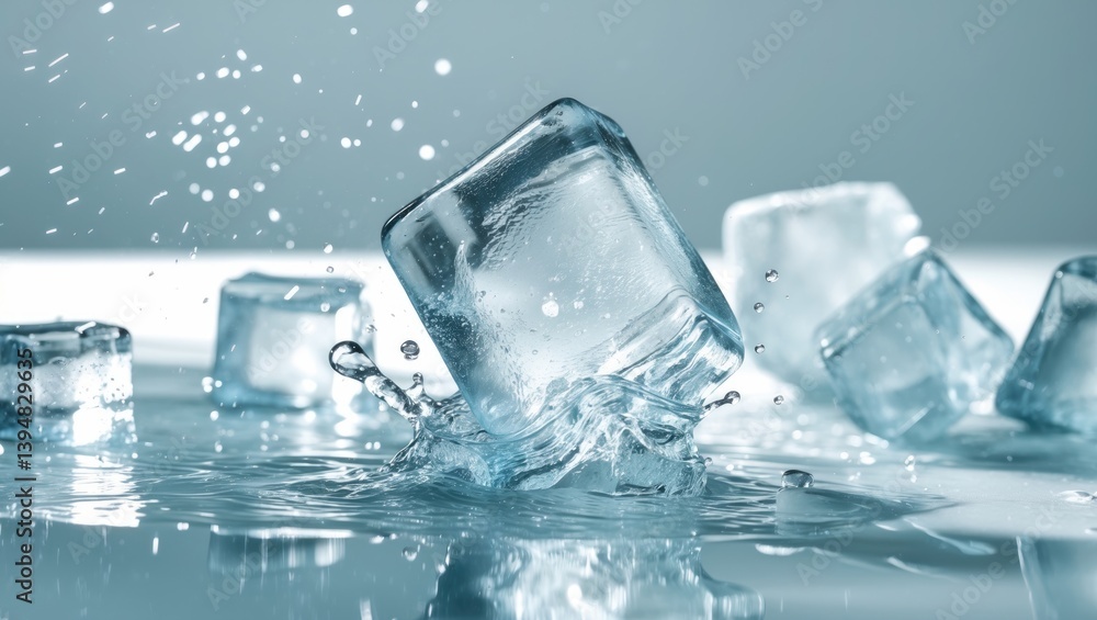 Poster entire depth of field on an ice cube in free fall, isolated with a white background