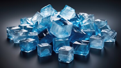 Blue ice cubes in crushed form against a dark background.